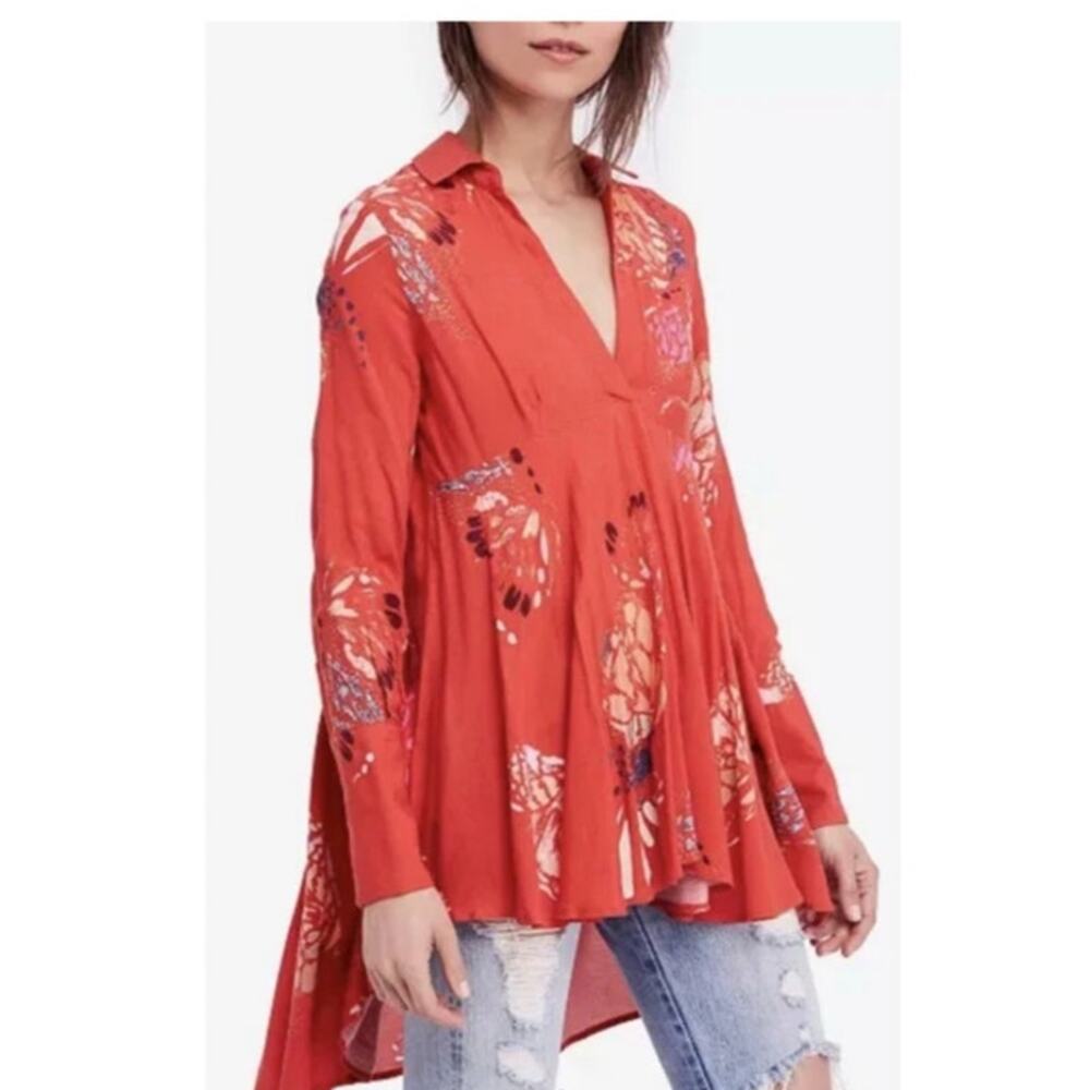 Free People Red Floral Blouse